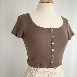 PacSun Cocoa Button-Up Ribbed Crop Top